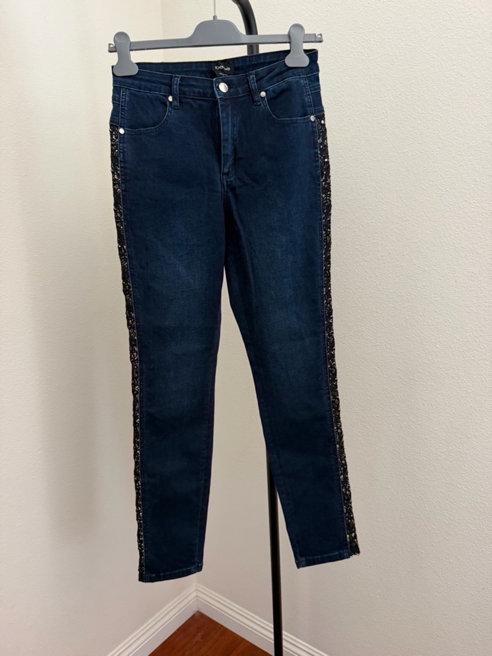 Dark Blue Women’s Jeans with Lace-Trim Side Panel - Picture 2 of 5